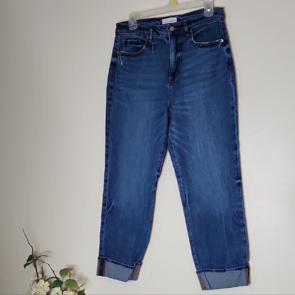 LOFT The Straight Cuffed Medium Blue Women's Jeans High Waist Summer Preppy - Picture 11 of 16